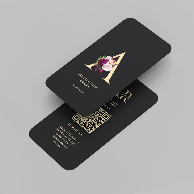 Cartão De Visita Monograma Moderno A Preto Floral Elegante (Modern Monogram A Elegant Floral Black Gold Business Card
)