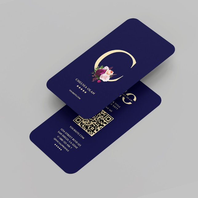 Cartão De Visita Monograma Moderno C Floral Midnight Azul Dourado (Modern Monogram C Floral Midnight Blue Gold Business Card
)