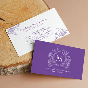 Cartão De Visita Monograma Moderno com Crista Floral Violeta