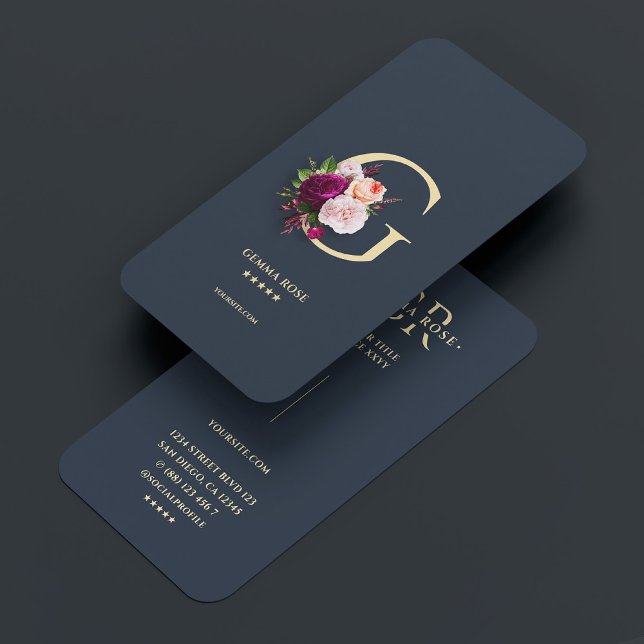 Cartão De Visita Monograma Moderno Floral Azul Escuro Escuro G (Modern Monogram Professional Dark Blue Floral G Business Card
)