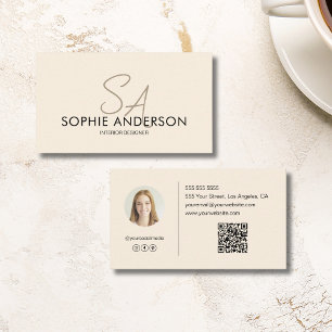 Cartão De Visita Monograma Moderno Foto QR Cream Professional