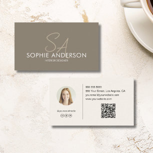Cartão De Visita Monograma Moderno Foto QR Taupe Professional