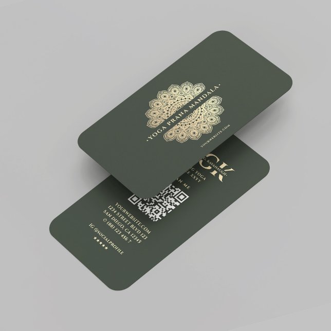 Cartão De Visita Monograma Moderno Instrutor Yoga Green Dourado Man (Modern Monogram Yoga Instructor Green Gold Mandala Business Card
)