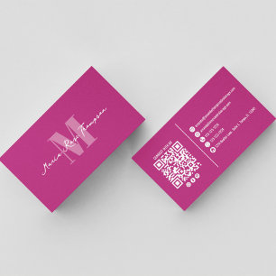 Cartão De Visita Monograma Moderno Profissional Código QR Rosa