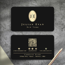 Cartão De Visita Monograma Oval Brilhante Preto e Dourado Clássico