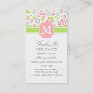 Cartão De Visita Monograma Personalizado de Chevron Floral Primaver