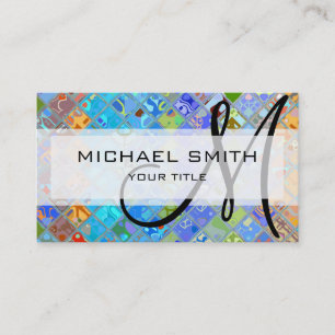 Cartão De Visita Monograma Personalizado de Padrão Mosaico Abstrat