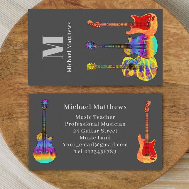 Cartão De Visita Monograma Personalizado de Professores de Violão (Modern guitar music teacher professional musician gray Business card)