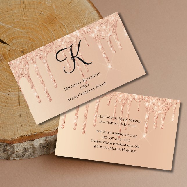 Cartão De Visita Monograma Pessegueiro Glitter Glam Trendy Mulheres (Monogram Peach Dripping Glitter Feminine Glam Trendy Business Cards.)