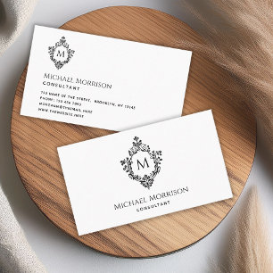 Cartão De Visita Monograma Preto e Branco Inicial em Crest Vintage