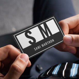 Cartão De Visita Monograma preto e branco profissional moderno