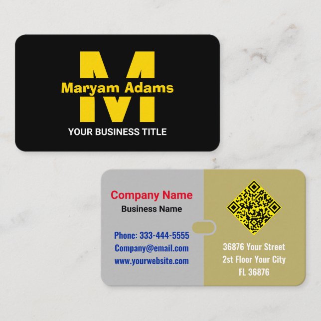 Cartão De Visita Monograma preto Elegante moderno (Código QR de Aná (Frente/Verso)