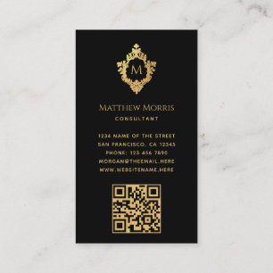 Cartão De Visita Monograma Preto Faux Dourado Crest Elegante QR nas