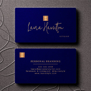 Cartão De Visita Monograma profissional elegante azul marinho doura