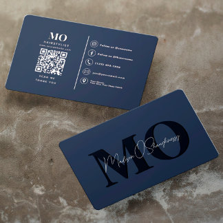 Cartão De Visita Monograma Profissional Minimalista Moderno Azul QR