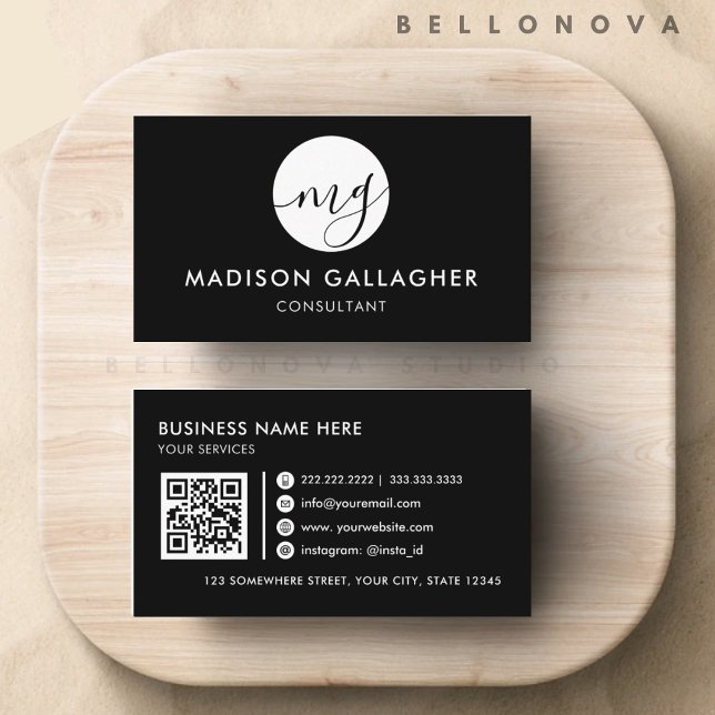 Cartão De Visita Monograma profissional preto e branco personalizáv (Customizable Black and White Professional Monogram Business Card)