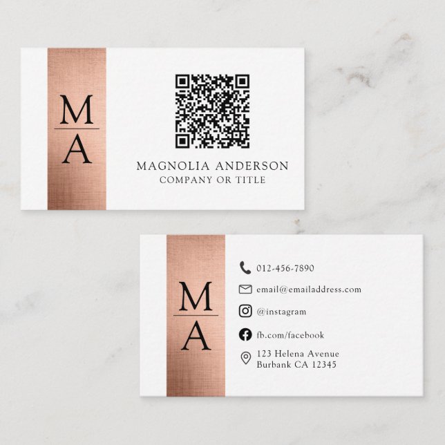 Cartão De Visita Monograma QR Code Rosa Gold Foil (Frente/Verso)