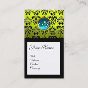 Cartão De Visita MONOGRAMA QUADRADA DAMASK,amarelo-aquamarino azul