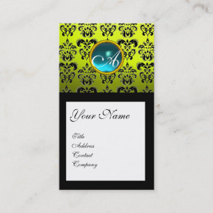 Cartão De Visita MONOGRAMA QUADRADO do DAMASCO, amarelo azul de