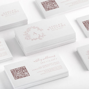 Cartão De Visita Monograma Rosa Esbranquiçado Dor Floral Código QR