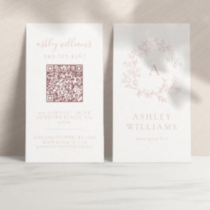 Cartão De Visita Monograma Rosa Escamudo Elegante Código QR Crest F