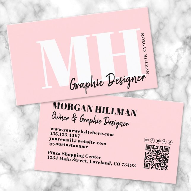Cartão De Visita Monograma Rosa Simples de Blush Profissional (Professional Simple Blush Pink Monogram Business Card)