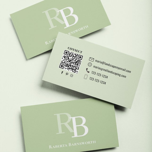 Cartão De Visita Monograma Simples Código QR Verde | Conecte-se Com (Green monogram business card with simple two toned design.)