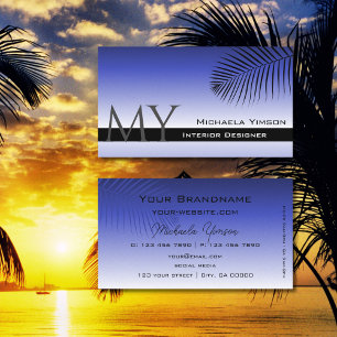 Cartão De Visita Monograma Simples com Folha de Folha Azul Elegante