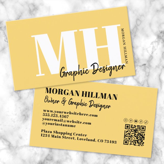 Cartão De Visita Monograma Simples de Código QR Amarelo (Yellow QR Code Simple Monogram Business Card)