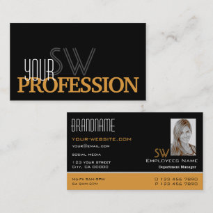 Cartão De Visita Monograma Simples e Foto em Laranja na moda preto