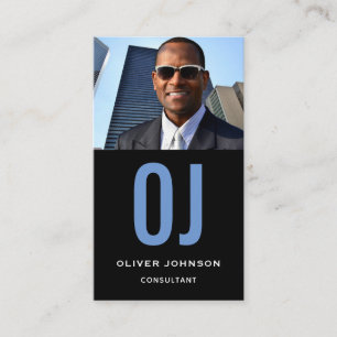 Cartão De Visita Monograma Vertical de Mídia Social Branco Azul Pre