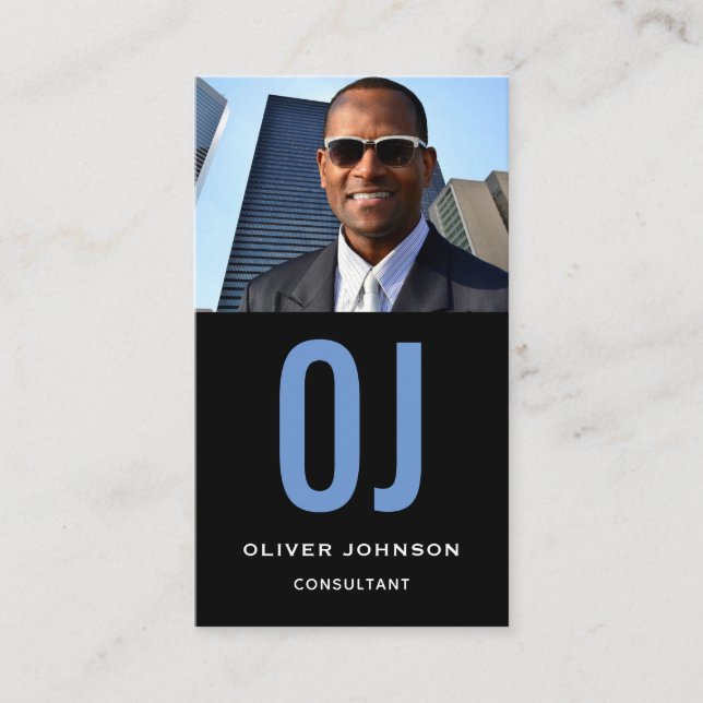 Cartão De Visita Monograma Vertical de Mídia Social Branco Azul Pre (Frente)