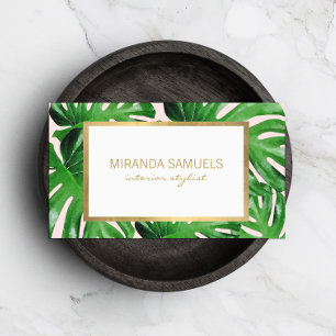 Cartão De Visita Monstera Tropical de Aquarela Deixa Padrão Rosa