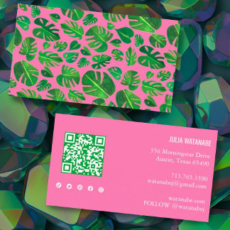 Cartão De Visita Monstera Tropical Leaf QR Code Pink