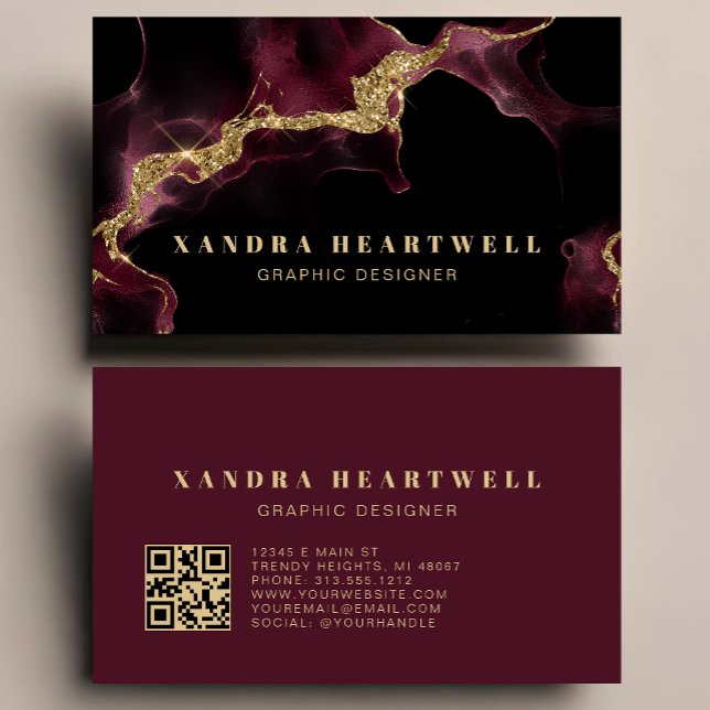 Cartão De Visita Moody Burgundy Gold Glitter Ink Abstract QR Code (Criador carregado)