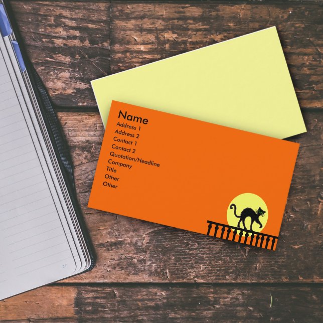 Cartão De Visita Moon de cerca de gato preto (Black Cat on Fence with yellow full moon on vibrant orange business card.)