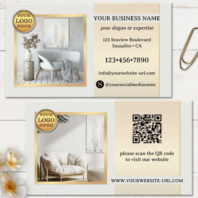 Cartão De Visita Móveis ou Design de Interiores Elegante Cinza Dour (Business card featuring your photos on an elegant simple design in light grey and gold - home decor)