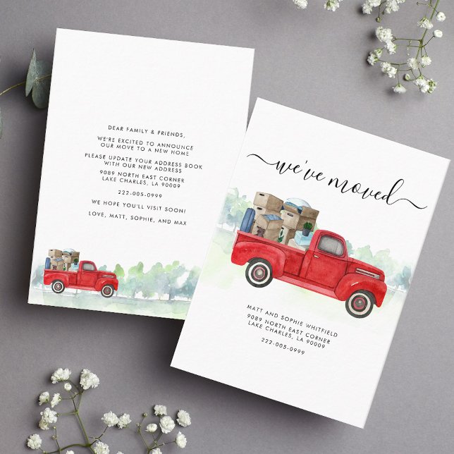 Cartão De Visita Movimentamos o lançamento do caminhão vermelho Vin (Moving Announcement Red Truck Script Card)