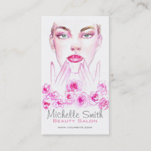 Cartão De Visita Mulher aquarela e rosa de beleza salon marca