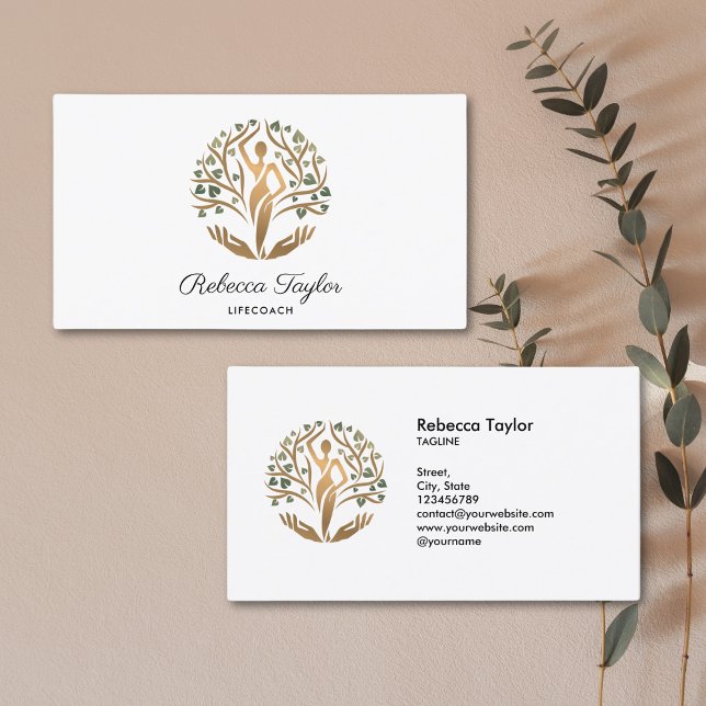 Cartão De Visita mulher espiritual feminina treinadora da vida (gold tree of life with woman's silhouette and hands holding it)
