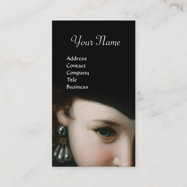 CARTÃO DE VISITA MULHER ROMÂNTICA, JOIAS ANTIGAS, PÉROLAS BRANCAS (Frente)