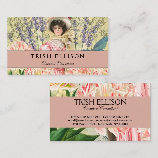 Cartão De Visita Mulher Vitoriana Floral Rosa Regência (Frente/Verso)