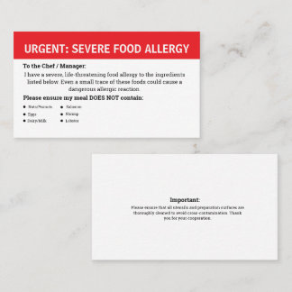 Cartão De Visita Multiple Food Allergy Alert