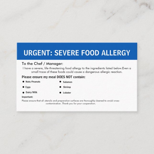 Cartão De Visita Multiple Food Allergy Alert (Frente)