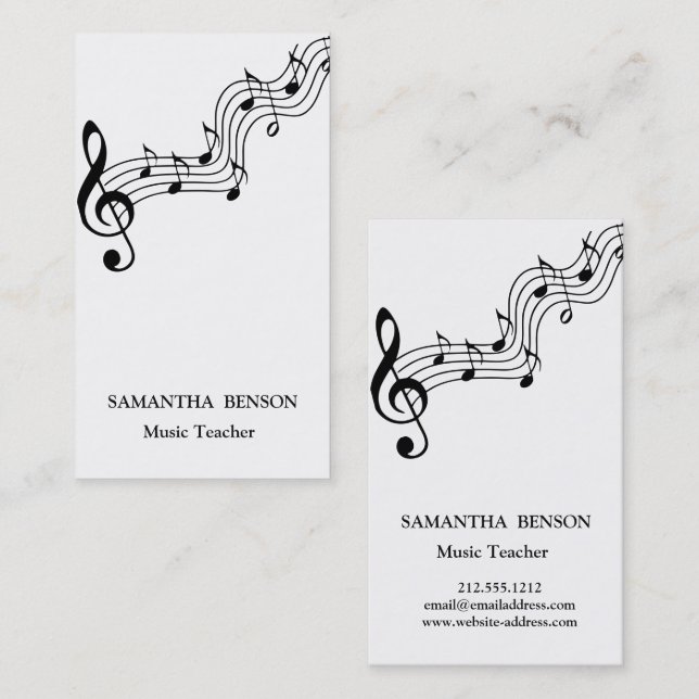 Cartão De Visita Music Teacher Musical Clef Logo Black & White (Frente/Verso)