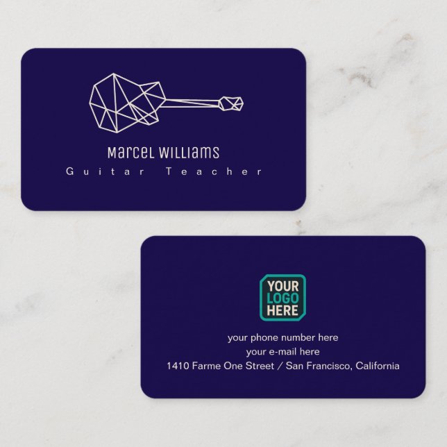 Cartão De Visita Musician Blue Business Card Guitar & Logo (Frente/Verso)