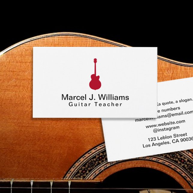 Cartão De Visita Músico Acústico Violão Vermelho Moderno Branco (Criador carregado)