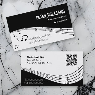 Cartão De Visita Músico equipe de música e código QR preto