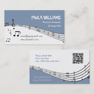 Cartão De Visita Músico música pentagrama e código QR azul empoeira
