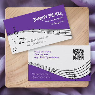 Cartão De Visita Músico música pentagrama e código QR roxo